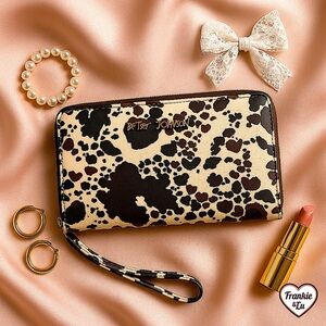 Betsey Johnson Cow Print Heart Logo Zip Around Wristlet Wallet NWT